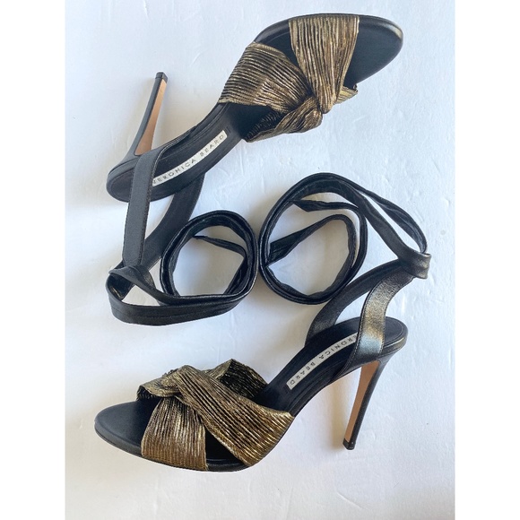 Veronica Beard Black Gold Leather Calida Sandals - Picture 3 of 10